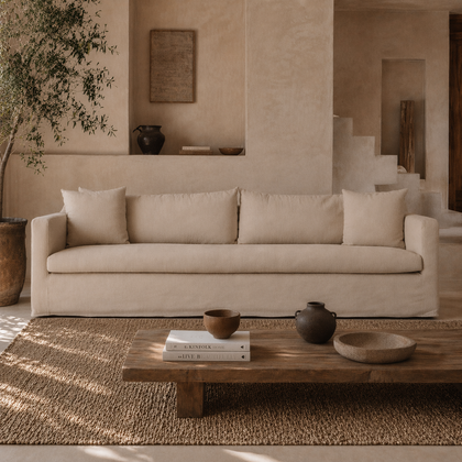 Ayla linen sofa in natural wabi sabi living room with timber coffee table