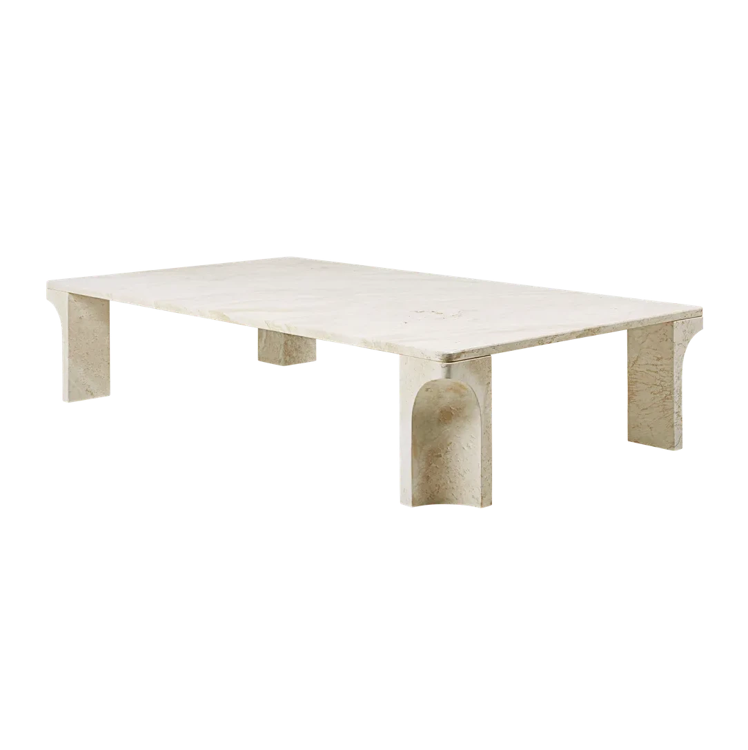 Side view of the rectangular Doric Coffee Table in white travertine by Gubi, showing its architectural silhouette.