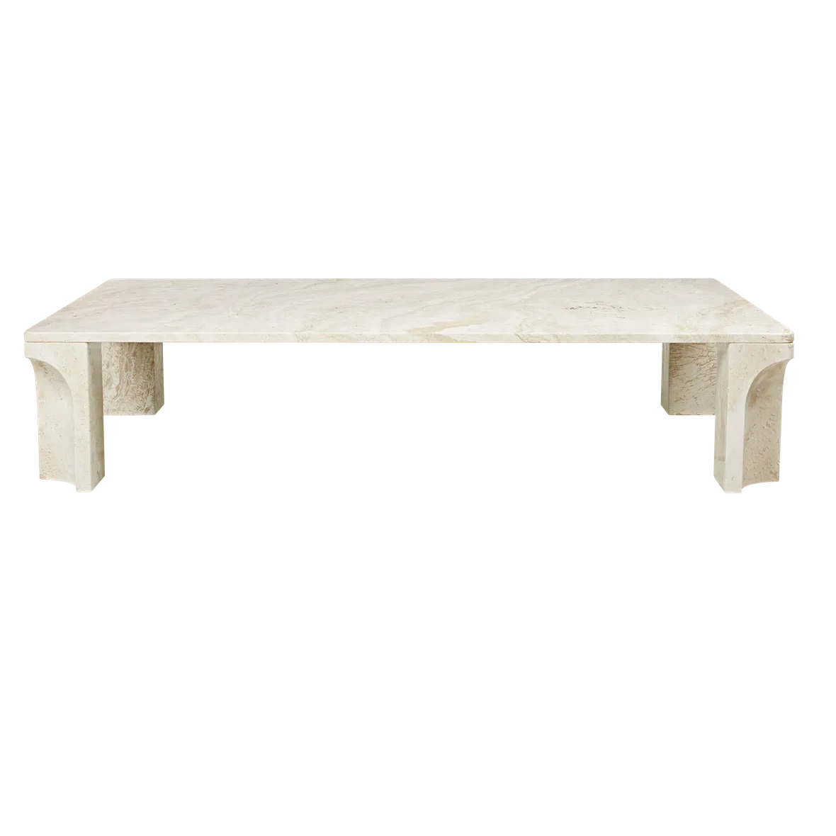 Front view of the rectangular Doric Coffee Table in white travertine, showing its architectural silhouette.