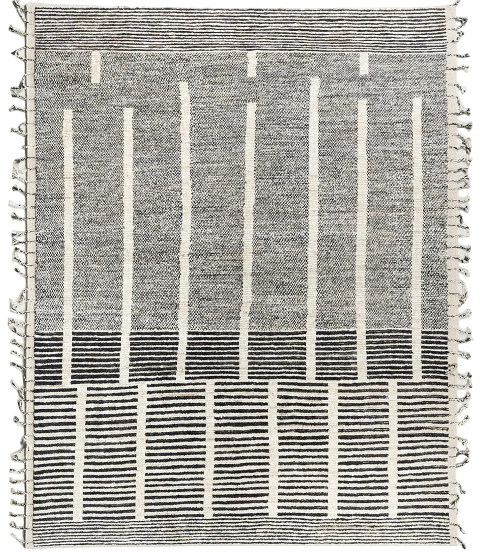 Handwoven Afghan Amara rug 246 × 303 cm with grey and ivory geometric pattern