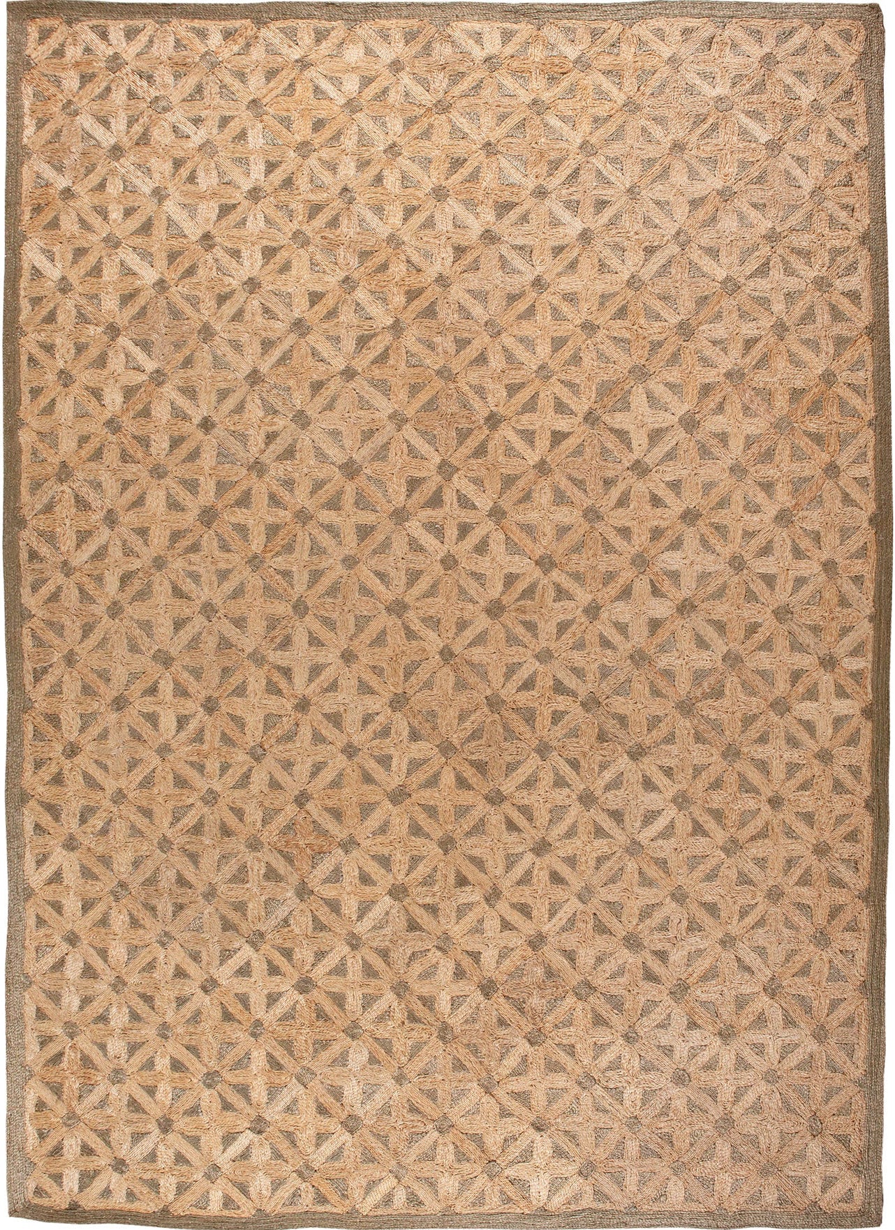 Handwoven jute rug with geometric petal pattern 310 × 435 cm
