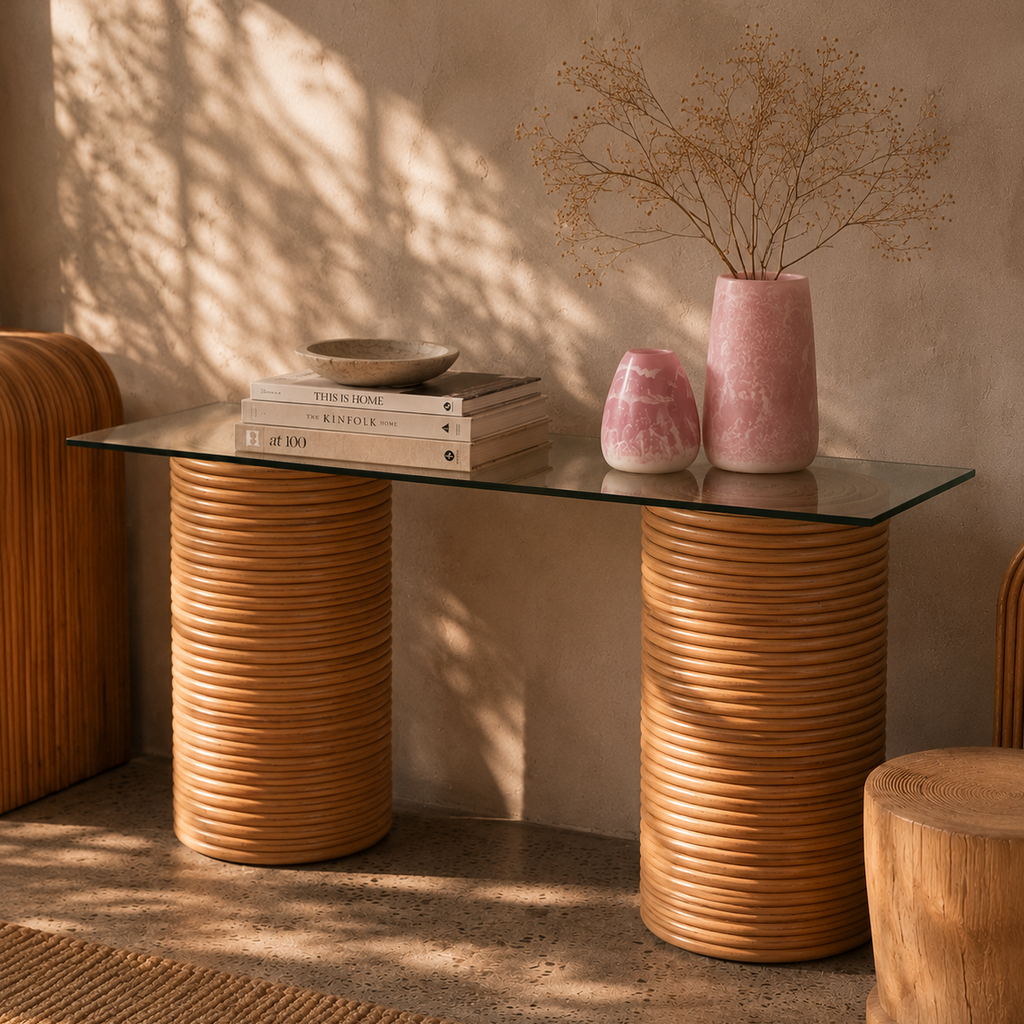 Luci Rattan Console with Glass Top I Bodhi Living