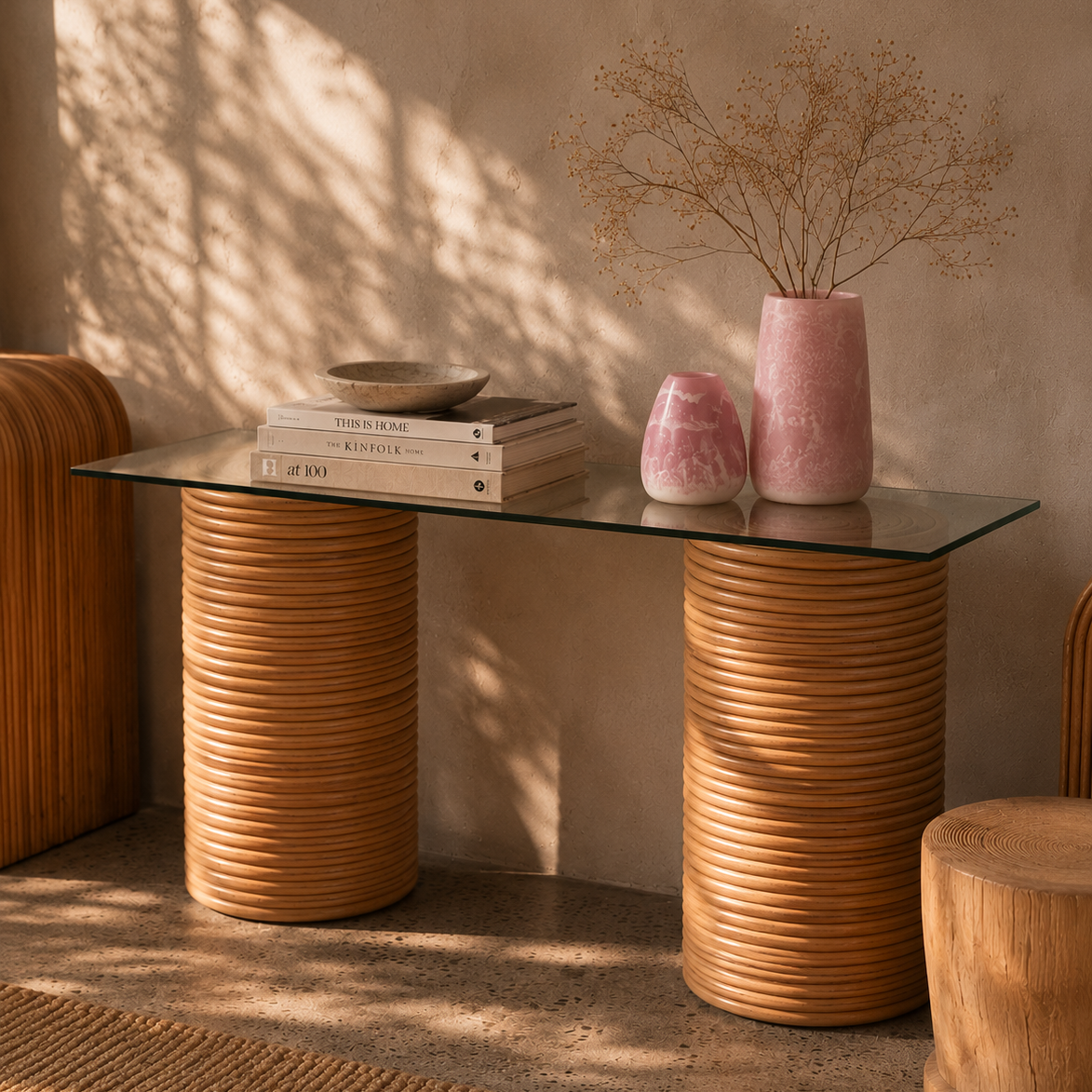 Luci Rattan Console with Glass Top