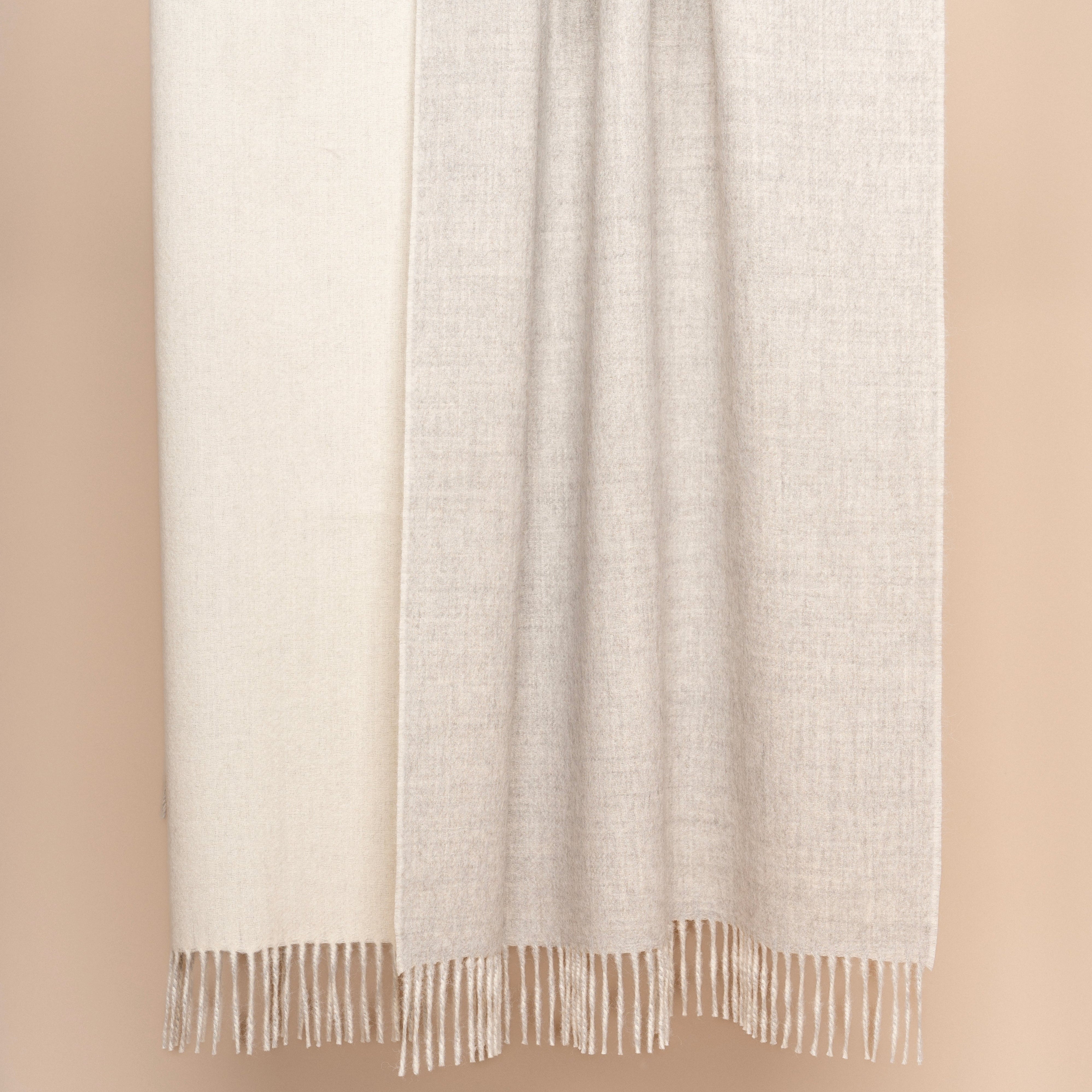 Reversible Plaid Throw in Baby Alpaca in Light Grey & Ivory, very warm and soft.