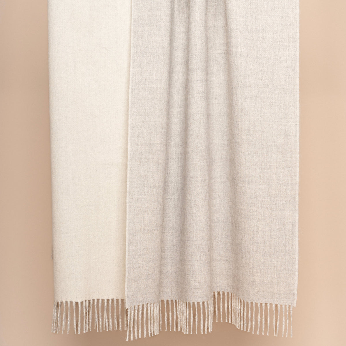 Reversible Plaid Throw in Baby Alpaca in Light Grey & Ivory, very warm and soft.