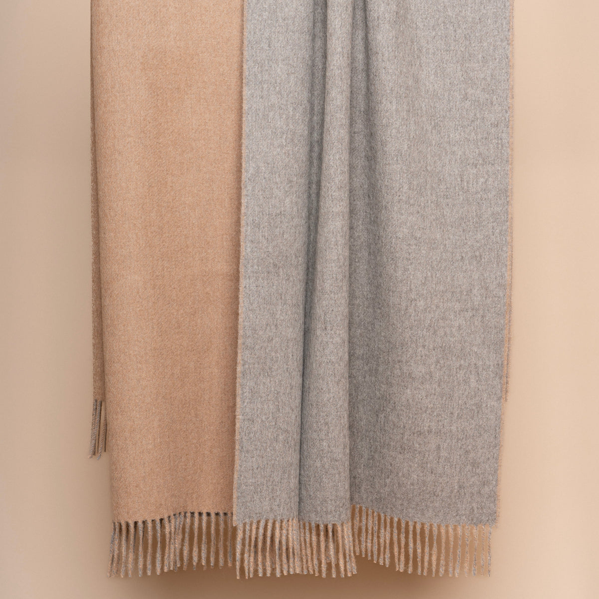 Reversible Throw in Baby Alpaca in Beige & Mid Grey colours, very warm and soft