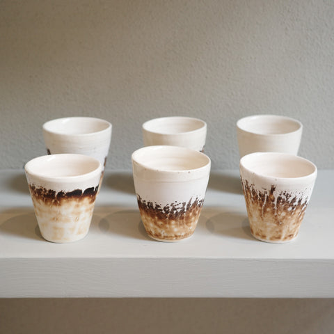 Handmade Obvara espresso cup with smoky glaze finish, unique ceramic by Mullumbimby artist Jacqui Sosnowski. Sold individually.
