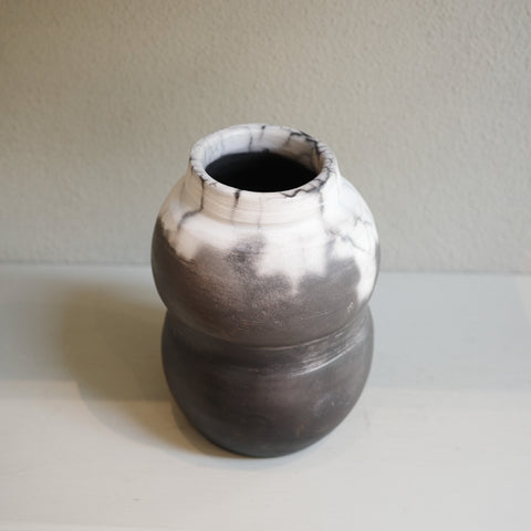 Naked raku ceramic vase with smoky monochrome finish, handmade by Australian artist Jacqui Sosnowski.