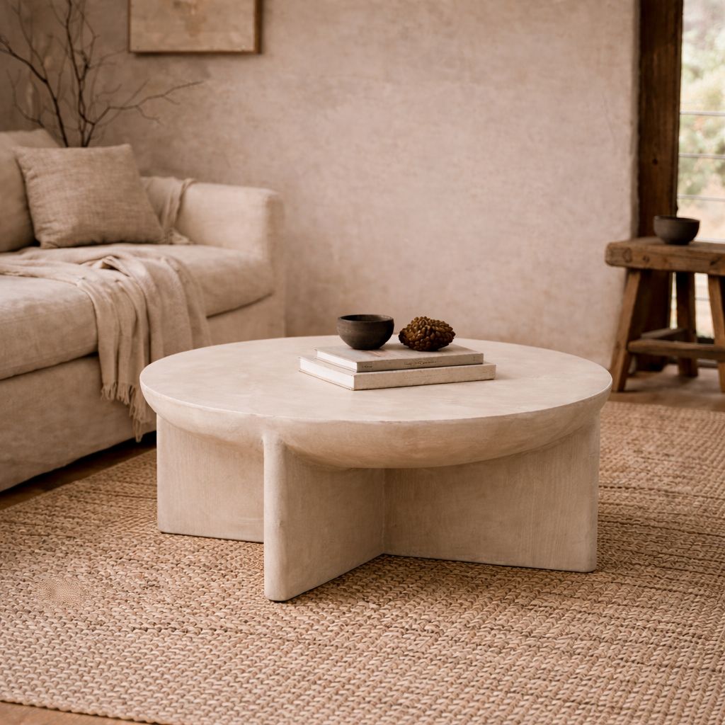 Axel Round Coffee Table in Oyster Micro-Cement in a wabi-sabi living room