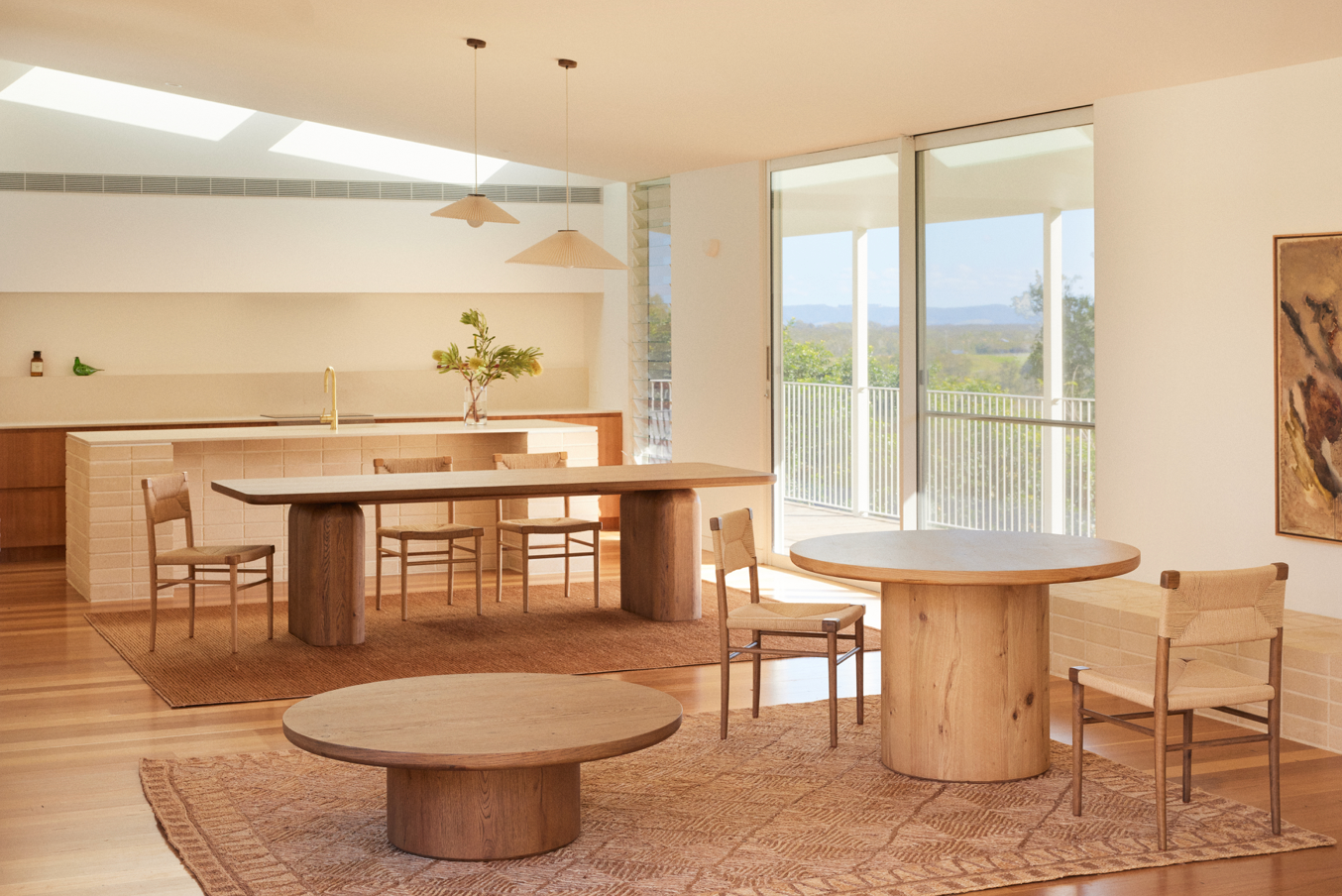 Alta and Archer dining tables and coffee table in natural oak and aged brown oak