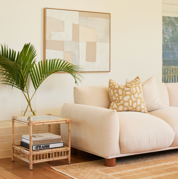 'Tracks Gold' Cushion styled on the Sumi 3-seater sofa 