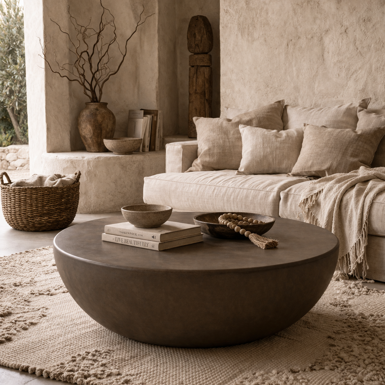 Moon round coffee table in dark Pebble micro-cement, styled in a warm wabi-sabi living room with textured rug and linen sofa
