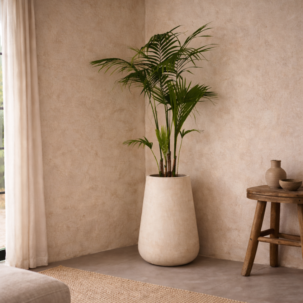 Alba micro-cement planter with lush palm in serene living room