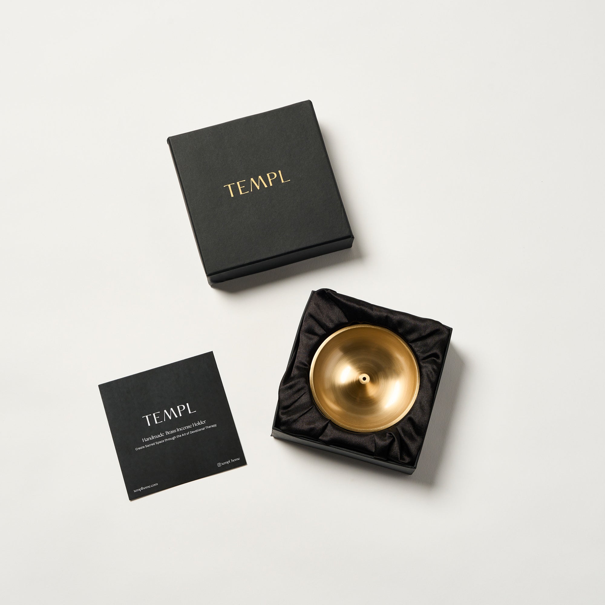 Templ brass incense holder with smooth rounded finish in gift box