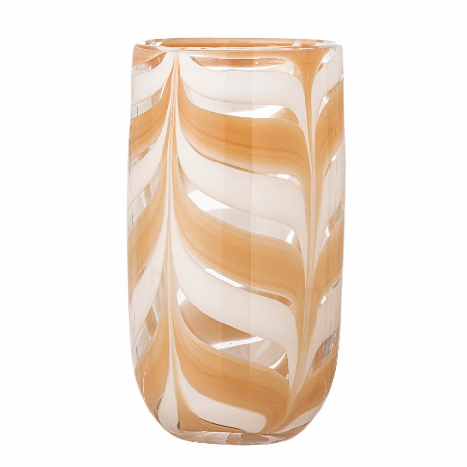 The Taven Vase by Bloomingville is made of glass, with solid-colored stripes in shades of orange and white. 
