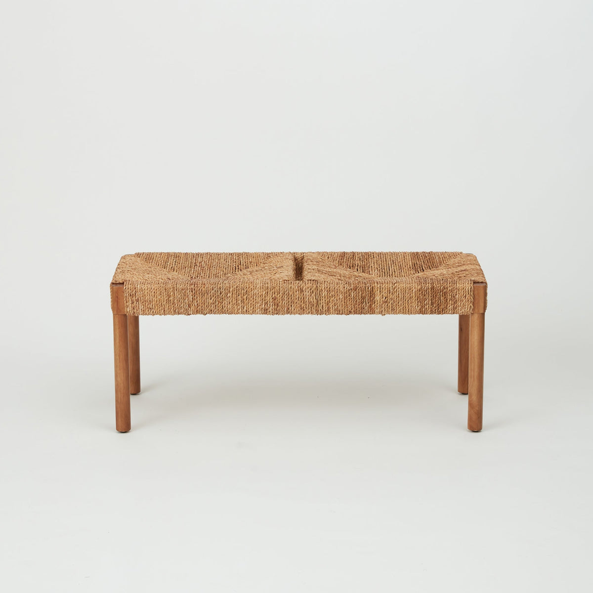 Azul rope‑weave 2‑seater bench with banana‑leaf seat and oak frame, front view