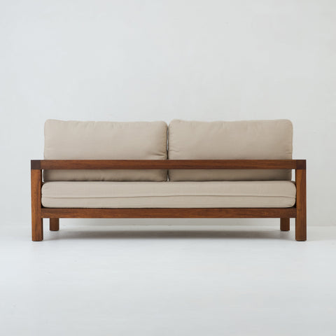 Back of Cali teak outdoor sofa in Beige outdoor fabric