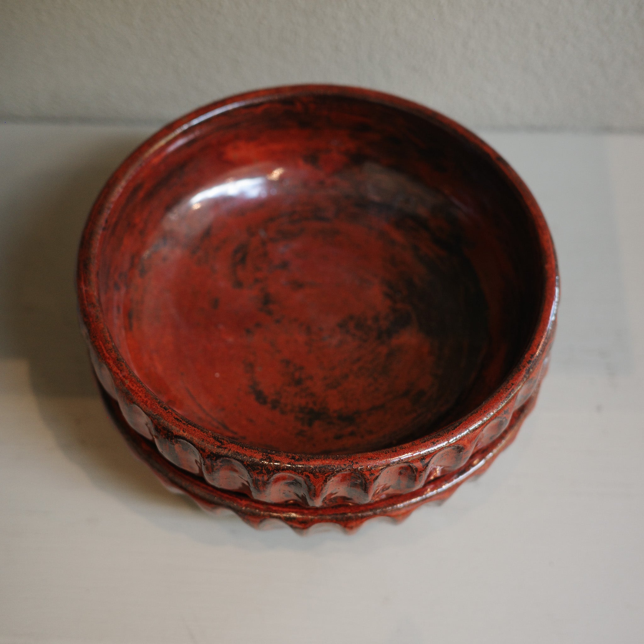 Single brown copper float fluted bowl, handcrafted ceramic with unique glaze variations