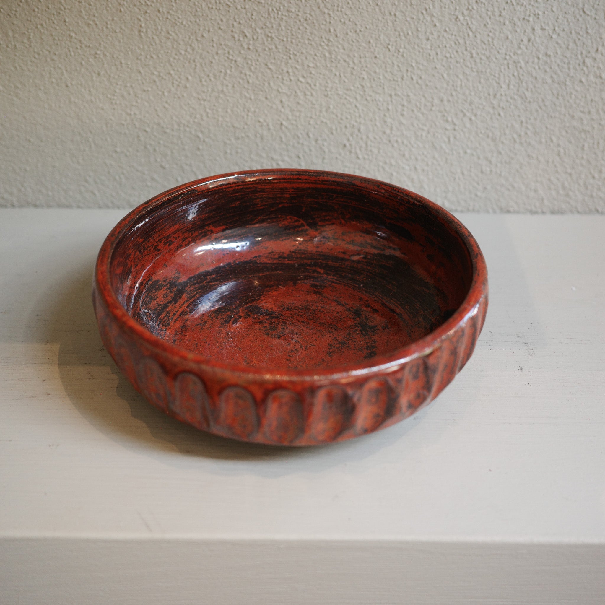 Single brown copper float fluted bowl, handcrafted ceramic with unique glaze variations