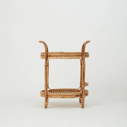 Capri bar trolley with two glass-top shelves and natural rattan