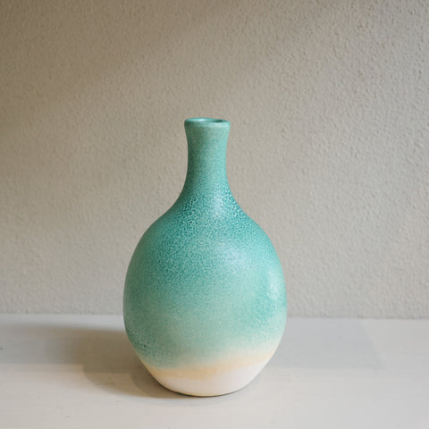 Handmade ceramic bottle-neck vase with green ombré glaze, created by Australian artist Jacqui Sosnowski.