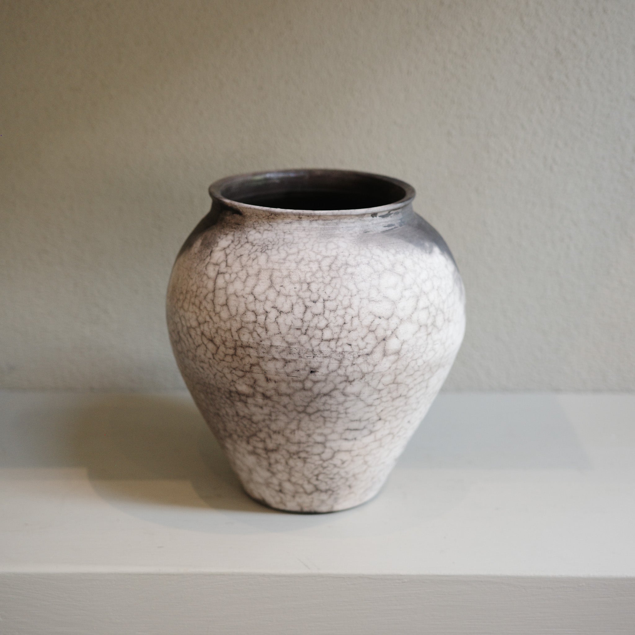 Large Naked Raku Vase – handmade ceramic with smoky black and white surface by Jacqui Sosnowski