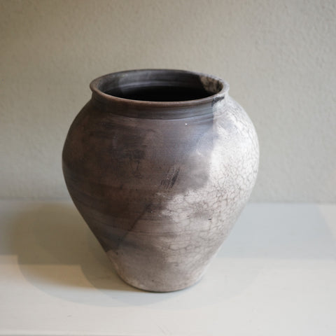 Large Naked Raku Vase – handmade ceramic with smoky black and white surface by Jacqui Sosnowski