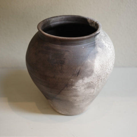 Large Naked Raku Vase – handmade ceramic with smoky black and white surface by Jacqui Sosnowski