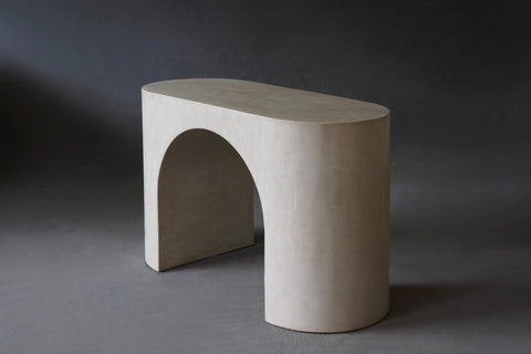 Side view of the Nova Console Table in Pebble micro cement finish, 1200 mm length.