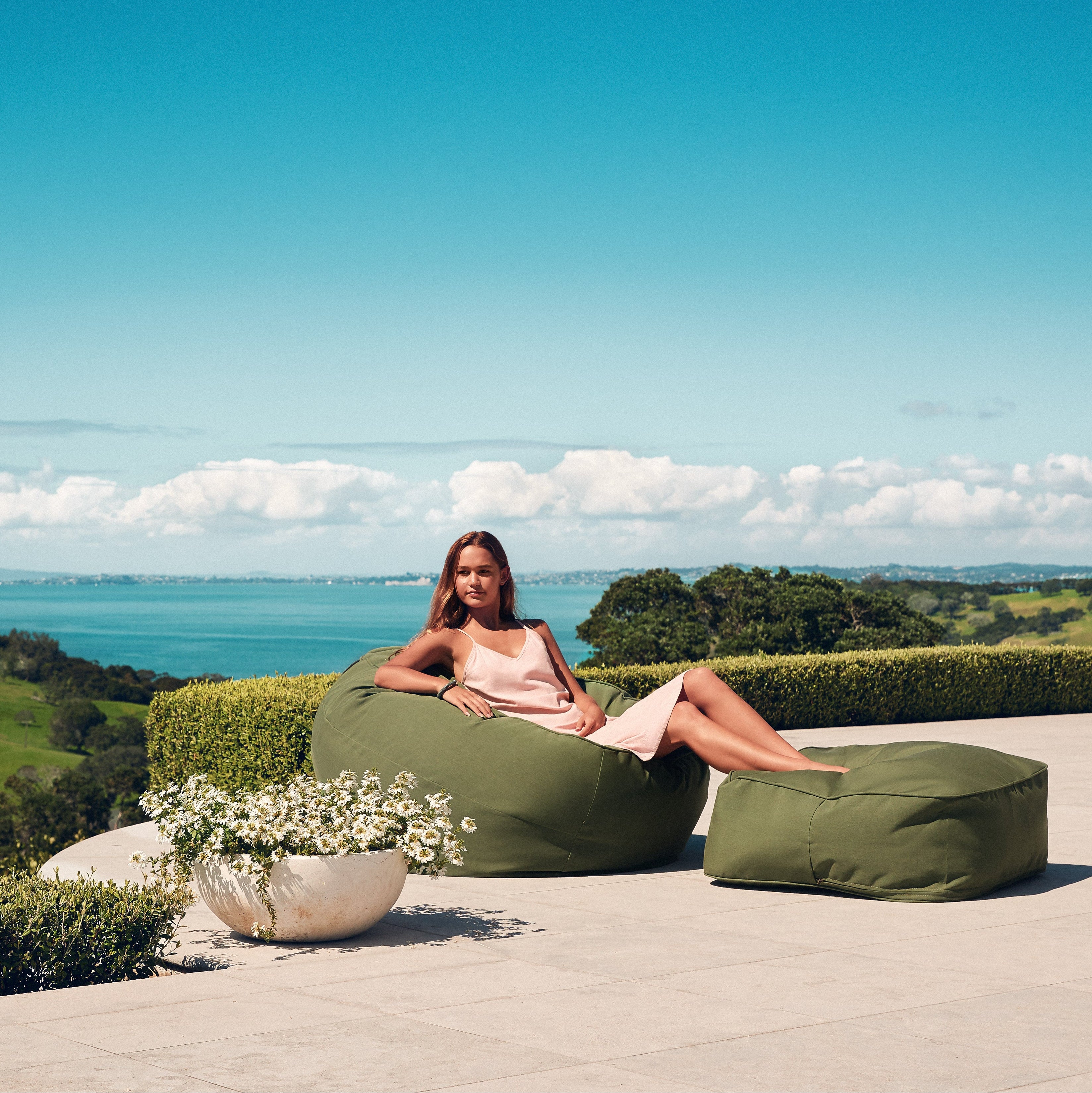 Marine Beanbag and ottoman in Fern – Luxury Outdoor Lounge Chair