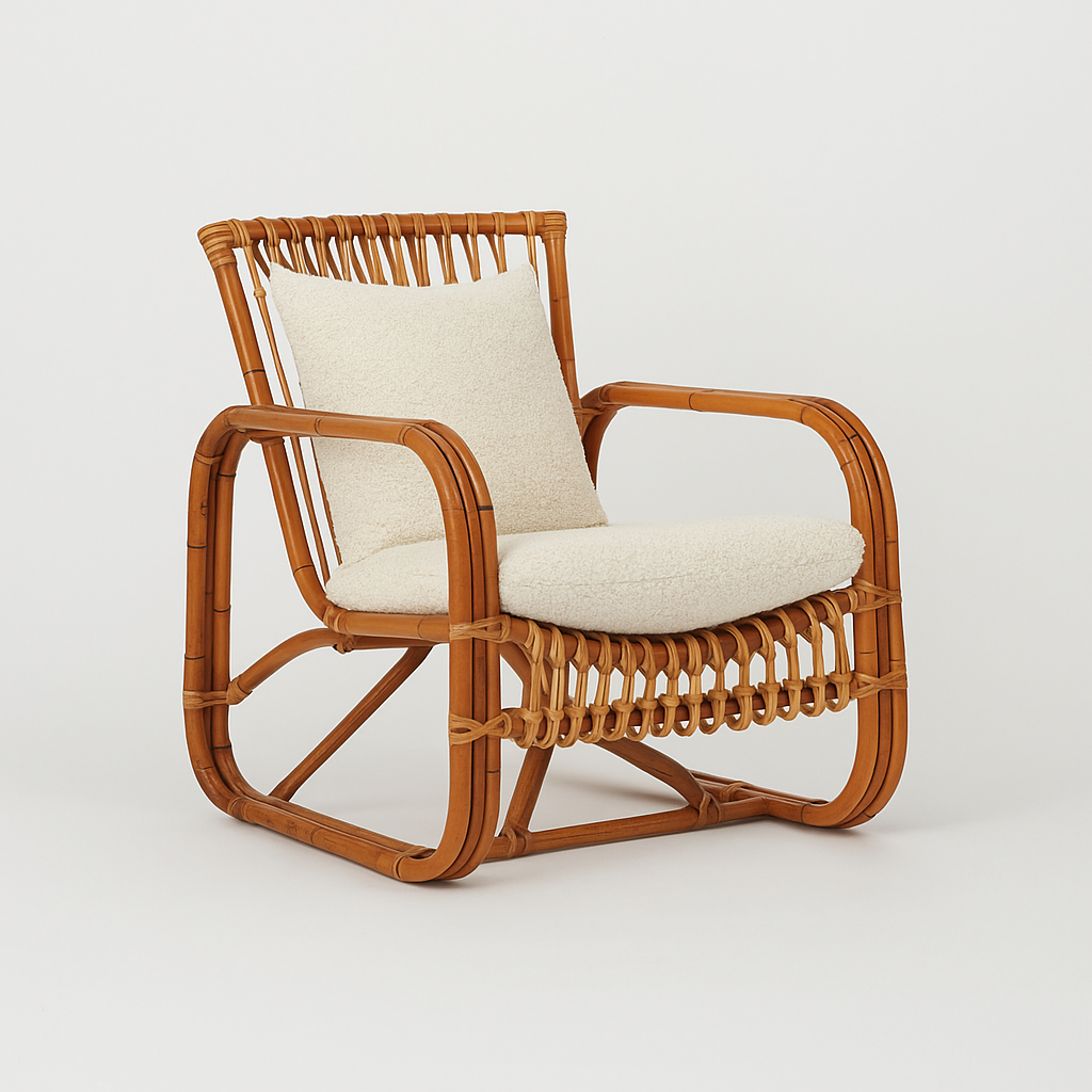 Safi rattan armchair featured with the new Louis Kit Boucle outdoor fabric 