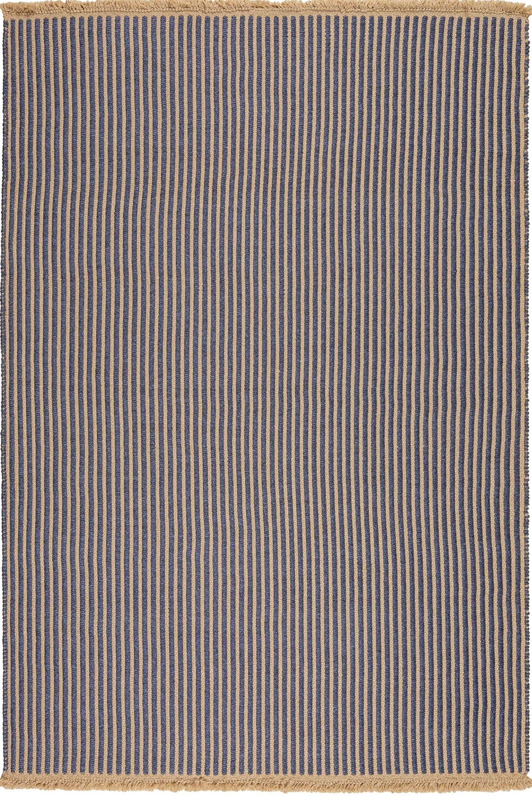 Full view of navy ribbed outdoor rug with natural fringe edge