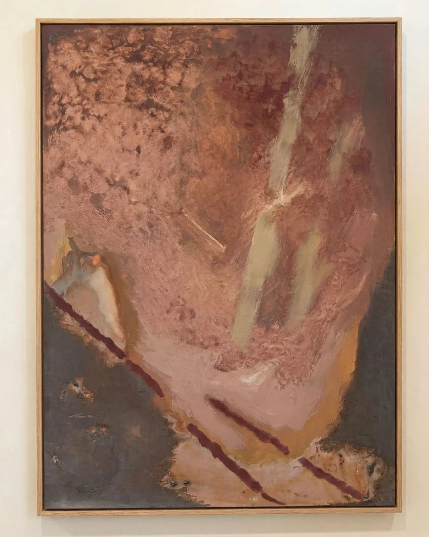 ncient Ochre original abstract painting by Byron Bay artist Stephen Skinner featuring layered ochre, blush and charcoal tones in acrylic on stretched canvas with a natural oak frame.