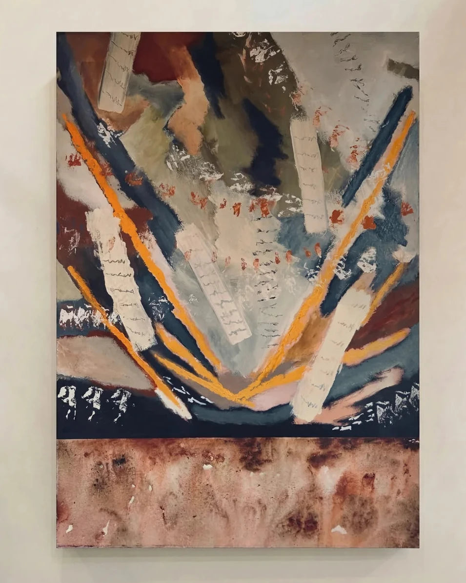 Fragments original abstract painting by Australian artist Stephen Skinner featuring layered deep blue, ochre, rust, ivory and charcoal tones in acrylic on stretched canvas.