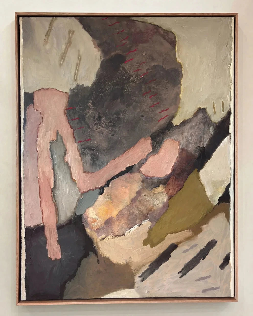 Lataralus original abstract painting by Australian artist Stephen Skinner featuring layered charcoal, dusty blush, olive green and warm ivory tones in acrylic on stretched canvas with a natural oak frame.
