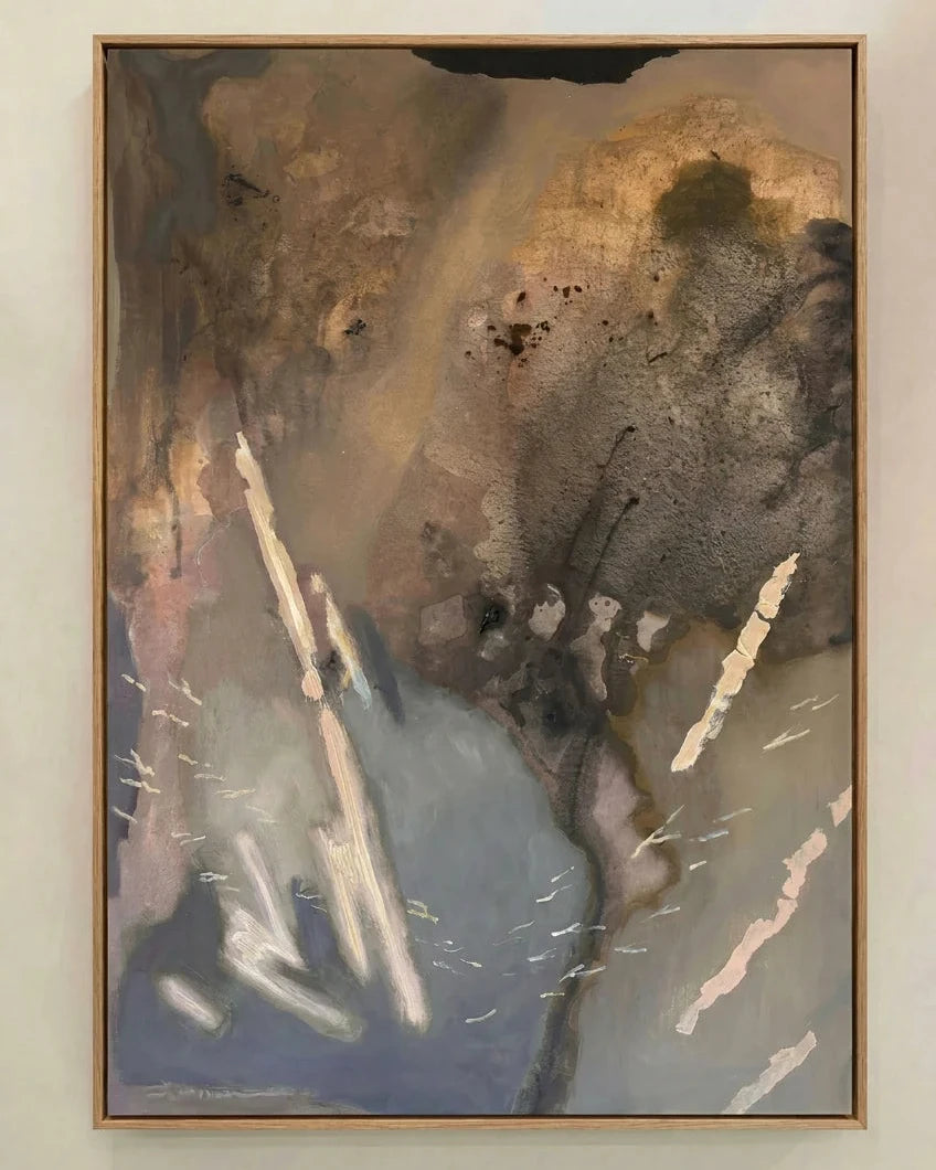Liminal original abstract painting by Australian artist Stephen Skinner featuring layered charcoal, stone, taupe and muted blue grey tones in acrylic on stretched canvas with a natural oak frame.