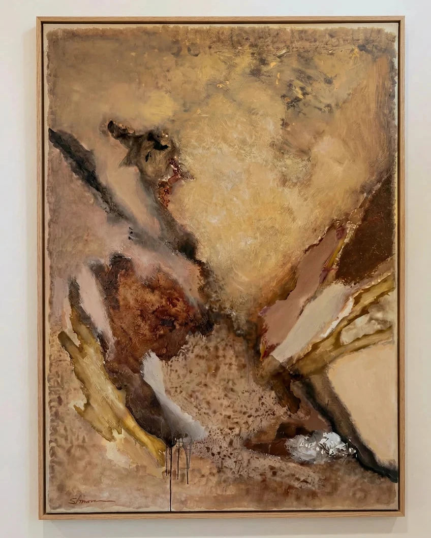 Petra original abstract painting by Australian artist Stephen Skinner featuring layered ochre, sand, charcoal and ivory tones in acrylic on stretched canvas with a natural oak frame.