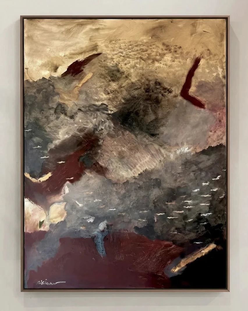 Riverstone original abstract painting by Australian artist Stephen Skinner featuring layered charcoal, stone grey, burgundy and ochre tones in acrylic on stretched canvas with a natural oak frame.