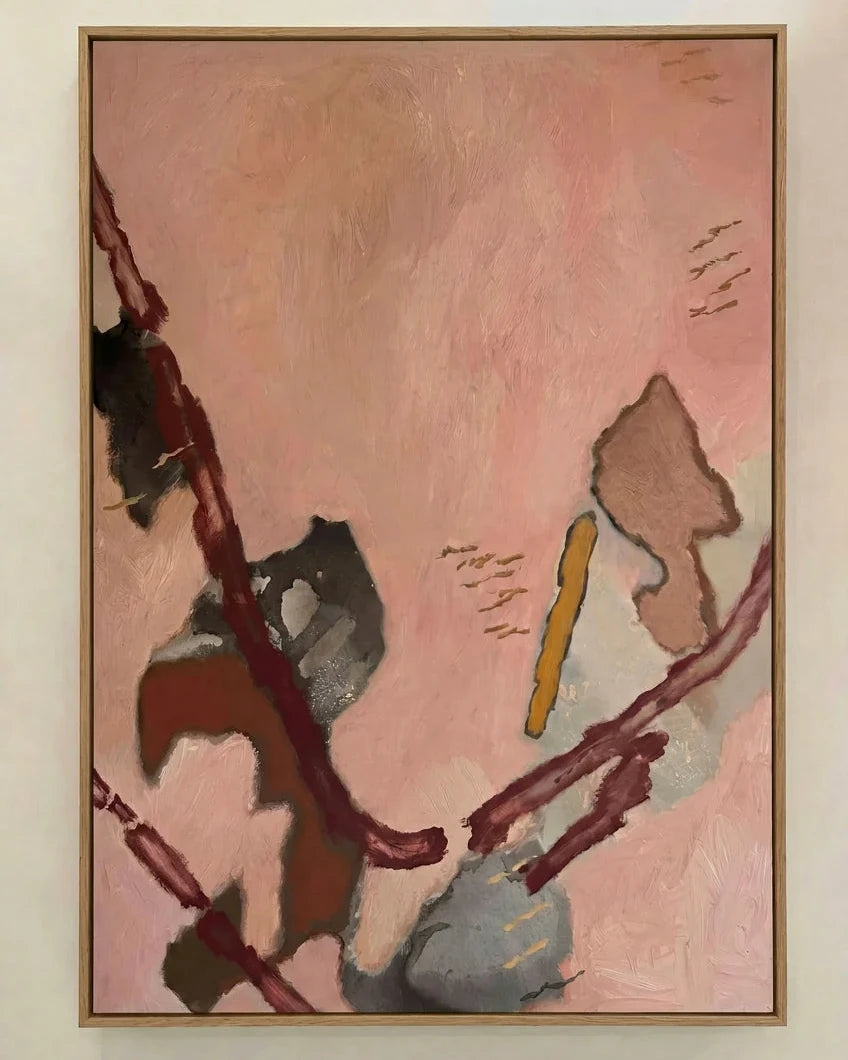 The Fracture original abstract painting by Australian artist Stephen Skinner featuring layered blush pink, burgundy, taupe and soft grey tones in acrylic on stretched canvas with a natural oak frame.