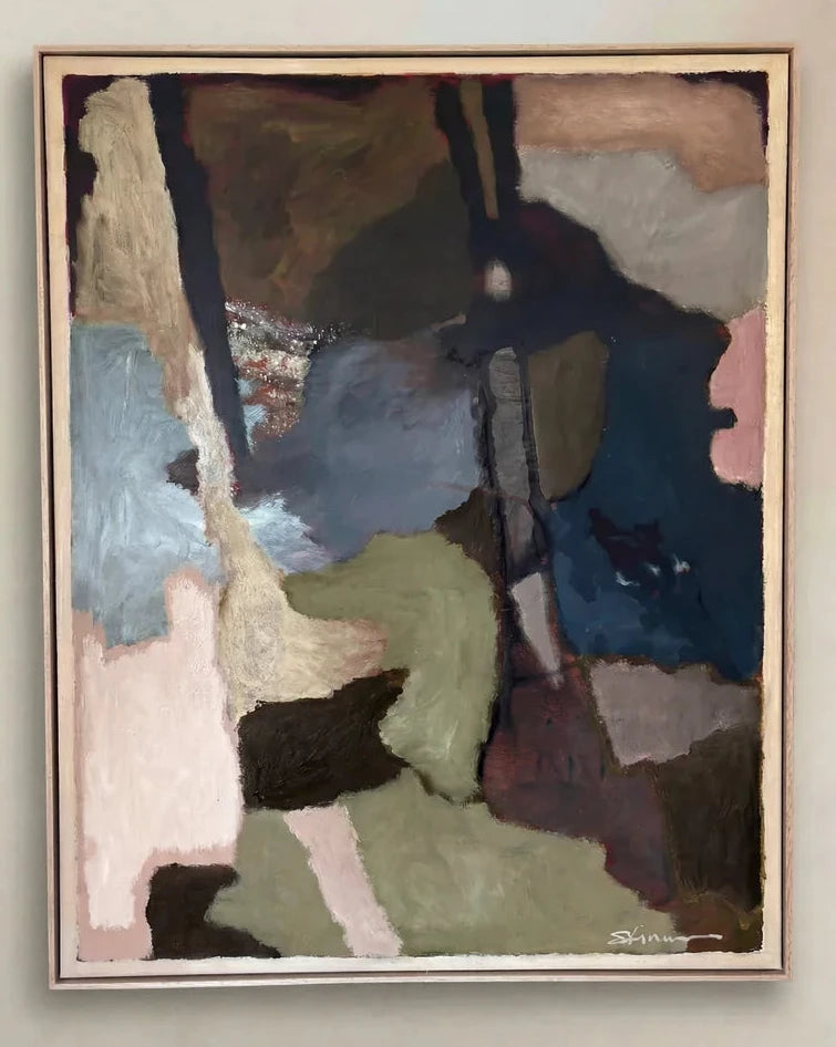Momentary Blissness original abstract painting by Stephen Skinner in muted blue, sage green and earthy neutral tones.